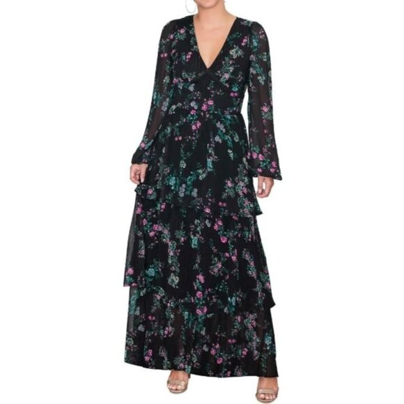 NEW Rachel Rachel Roy Metallic Chiffon Maxi Dress Black Holiday Bouquet Size 4 - Picture 1 of 16